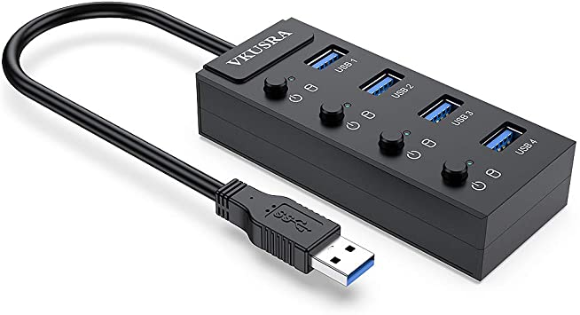 VKUSRA USB 3.0 HUB with 4 USB Data Port Individual On/Off LED Switch and 1 USB Charging Port (Cable Length 0.9 Feet, No AC Adapter) for iMac Pro, MacBook Air, Mac Mini/Pro and More