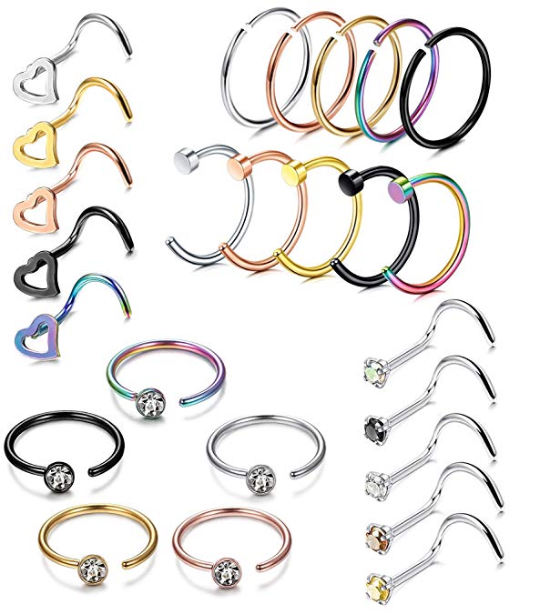 LOLIAS 21-140 Pcs Stainless Steel Hoop Nose Rings Nose Ring Stud Body Piercing Jewelry CZ Inlaid