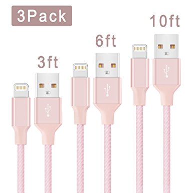Charger Cable for iPhone,Quntis 3 Pack 3ft 6ft 10ft Nylon Braided 8 Pin Lightning Wire USB Data Cord Charging Cables Sync and Safe Charge for iPhone 7 7plus 6 6sPlus 5s SE iPad mini (Rose Gold/Pink)