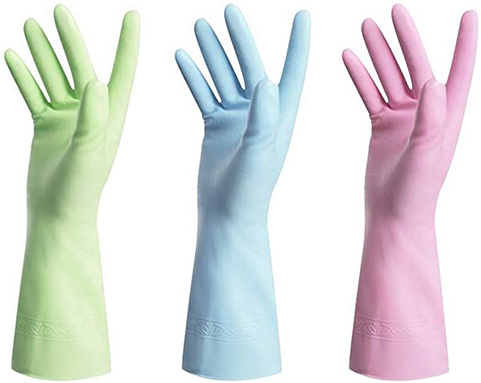 Dishwashing Rubber Gloves for Cleaning – 3 Pairs Household Gloves Including Blue, Pink, Orange, Green and Red, Non Latex and Fit Your Hands Well, Great Kitchen Tools Large