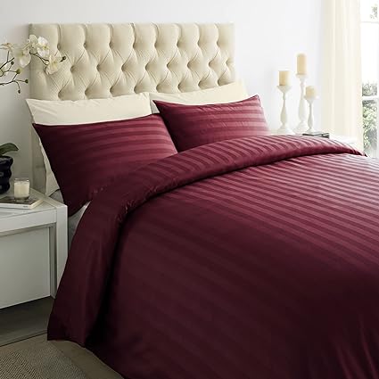 ED Luxury 250 Thread Count 100% Cotton Sateen Stripe Duvet Bed Cover with Housewife Pillowcases | 250 TC Hotel Striped Bedding (King/Maroon)