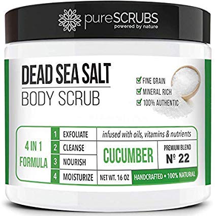 Premium Organic Body Scrub Set - Large 16oz CUCUMBER BODY SCRUB - Pure Dead Sea Salt Infused With Organic Essential Oils & Nutrients   FREE Wooden Spoon, Loofah & Mini Organic Exfoliating Bar Soap
