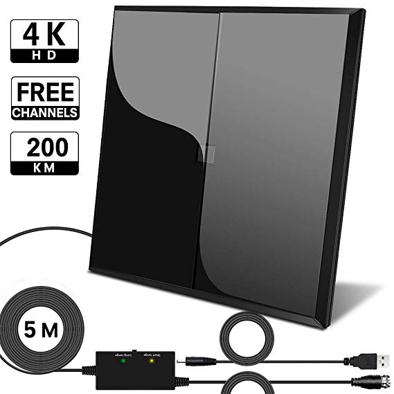 TV Aerial, GEEKERA 200KM Multidirectional High Gain Indoor HDTV Antenna for VHF/UHF/1080P/4K Digital Freeview Aerial Signals Reception, Streamline Flat Design, with 5M Coaxial Cable and Stand