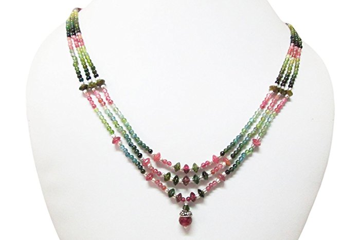 Anushruti Designer Pink Tourmaline Handmade Beaded Necklace with Sterling Silver Findings 16"
