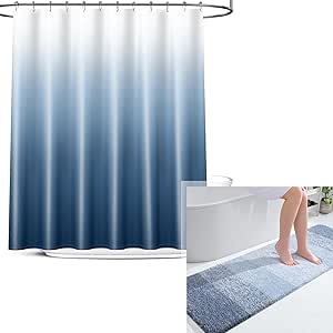 OLANLY Ombre Bath Rug and Shower Curtain, Bath Rug Size 59x20 in Blue and Shower Curtain 72x72 in Blue, 2 Item Bundle