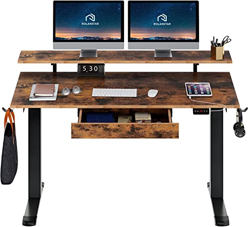 Rolanstar Dual Motor Adjustable Height Desk with Drawer 47" Electric Standing Desk, Whole-Piece Table Top Stand Up Home Office Desk with Shelf, Double Headphone Hook, USB Charging Ports,Rustic Brown