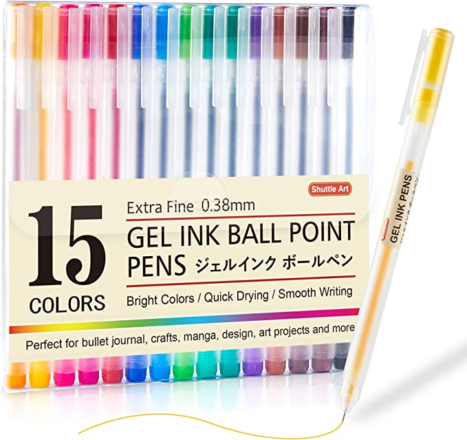 Gel Ink Ball Point Pens, Shuttle Art 15 Colors Japanese Style Pens, 0.38mm Extra-Fine Ballpoint Pens for Home, School and Office