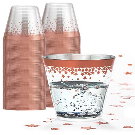 Elegant Rose Gold Rimmed 9 Oz Clear Plastic Tumblers Fancy Disposable Cups with Rose Gold Rim Prefect for Holiday Party Wedding and Everyday Occasions 100 Pack - Wonder Sky