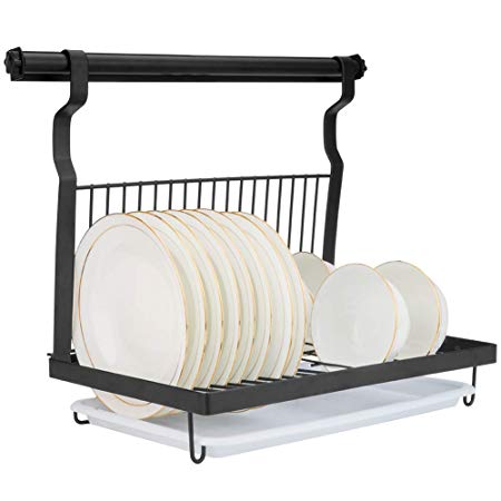 Eastore Life Wall-mounted Dish Rack with Hanging Rod, Foldable Dish Drying Rack with Drainboard, Stainless Steel Dish Drainer, Black