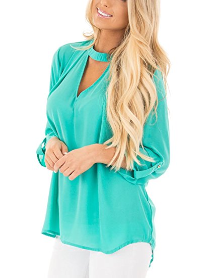 FARYSAYS Women's Casual Chiffon Choker Cut Out V Neck 3/4 Cuffed Sleeve Blouses Tops ( 6 Color, S-XXL )