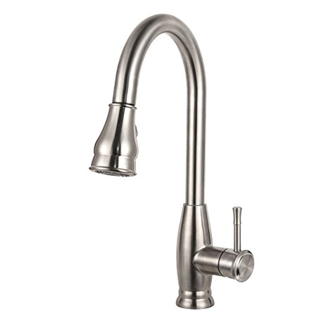 LORDEAR Commercial Lead Free Stainless Steel Swivel Spout Single Handle Pull Out Brushed Nickel Kitchen Faucet, Elegant Body Single Hole Pull Down Kitchen Sink Faucet