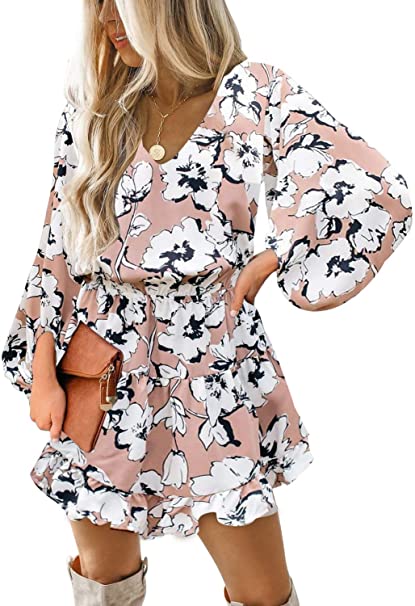 Dokotoo Womens Summer Spring V Neck Ruffle Chiffon Elegant Tie Knot Mini Short Swing Skater Dresses