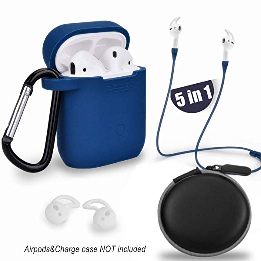 AirPods Case Cover-Airpod Accessories Set 5 in 1 Airpod Skins Protective Wraps Airpods Waterproof Silicone Case Cover with Keychain/Strap/EarHooks/Storage Travel Box for Apple Airpods