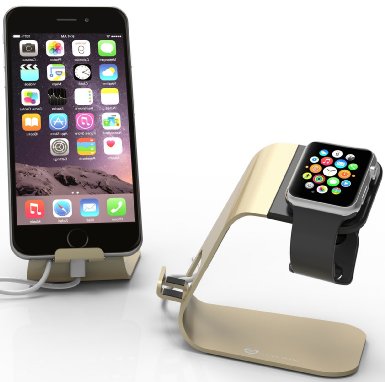 Apple Watch Stand and iPhone 6 Dock Stalion 2in1 Desktop Charging Station Powder Gold Aluminum Body Universal Cradle Holder for Apple Watch Sport Edition and iPhone 6 6s Plus