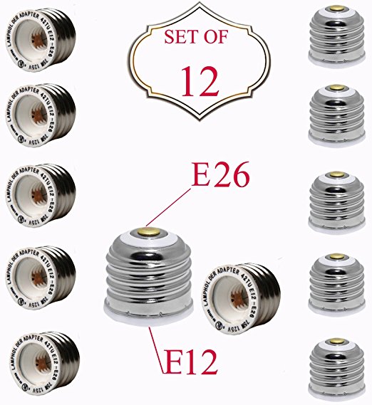 SleekLighting Bulb Adapters / Converts Standard (E26) bulb base to (E12) Chandelier Socket Candelabra/ Screw Enlarger Adapter/ Wear and Tear Resistant/ Generates Low Heat-Lightweight/UL Listed Set of 12