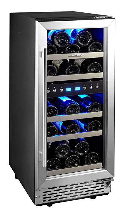 Phiestina 29 Bottle Wine Cooler 15'' Built-in or Free-standing Compressor Cooling Refrigerator. Stainless Steel & Glass Door Wine Showcase