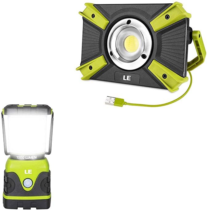 LE Bundle-2 Items: Battery Powered 1000 lumens Camping Lantern & 1500 lumens Rechargeable Work Light with Power Bank, Portable Indoor Outdoor Lantern