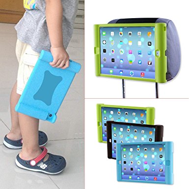 TFY Kids Car Headrest Mount Holder for iPad Air 2 (Note:Do not fit iPad Air) - Detachable Lightweight Shockproof Anti-slip Soft Silicone Handle Case - Blue