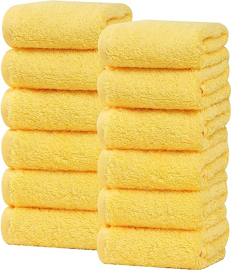 SEMAXE Cotton Washcloths Set, Highly Absorbent and Soft Feel Face Towel, Hotel Spa Bathroom Fingertip Towel,Yellow Washcloth-Pack of 12