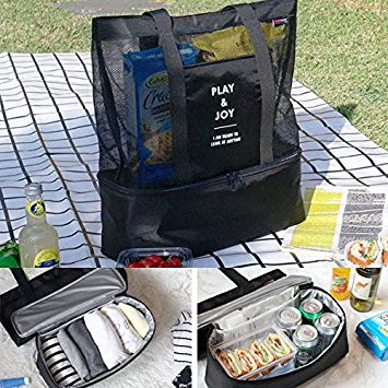 KINGSUNG Handheld Lunch Bag Insulated Cooler Picnic Bag Mesh Beach Tote Bag Food Drink Storage