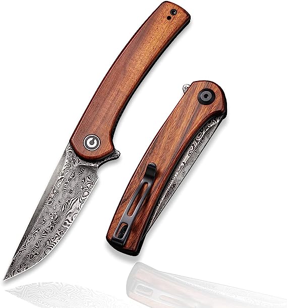 CIVIVI Mini Asticus Folding Pocket Knife for EDC, 3.25" Drop Point Damascus Blade Cuibourtia Wood Handle C19026B-DS2