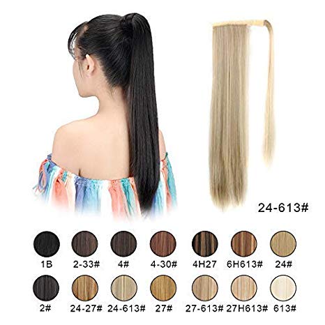 BARSDAR 26" Long Straight Ponytail Extension Wrap Around Synthetic Ponytail Clip in Hair Extensions One Piece Hairpiece Binding Pony Tail Extension for Women (24/613#Light Blonde mix Bleach Blonde Eve