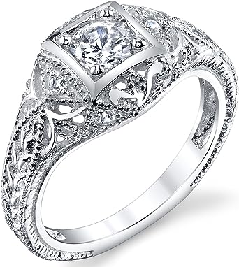 Metal Masters Co. Carved Sterling Silver Vintage Cubic Zirconia CZ Bridal & Engagement Ring Sizes 5 to 9