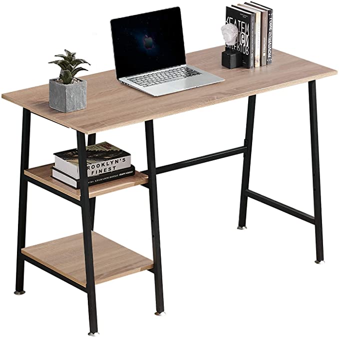 VECELO Computer Writing Desks Wooden Study Table with 2 Tier Storage Shelves on Left or Right for Laptops, Modern Simple Workstation with Metal Frame for Home Office, 43x20 inch, Oak