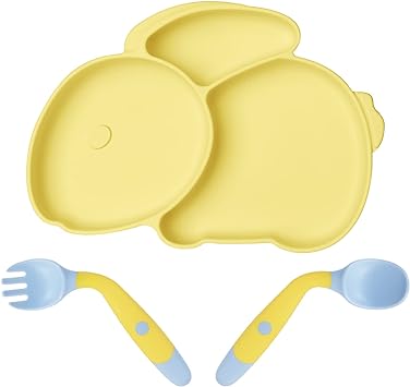 Vicloon Toddler Plates with Suction, Toddler Plates with Spoon & Fork, 100% Food-Grade Silicone Divided Design, Non-Slip, Microwave and Dishwasher Safe