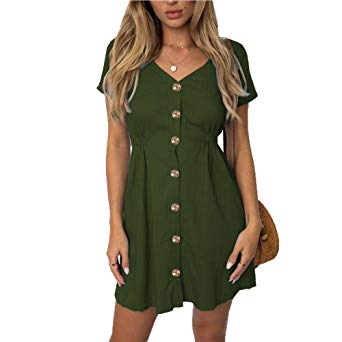 ANRABESS Women's Dresses-Summer Short Sleeve V Neck Button Down Swing Mini Dress Solid Color Casual Mini Dress