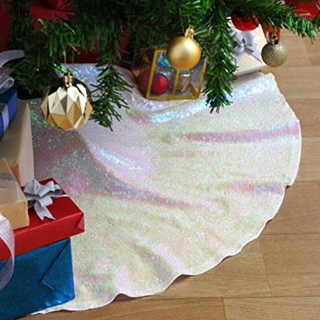 SoarDream White Iridescent Christmas Tree Skirts 36 Inches Sequin Fabric for White Outdoor Home Xmas Party Decor