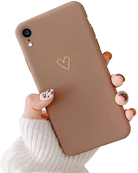 Ownest Compatible with iPhone XR Case for Soft Liquid Silicone Gold Heart Pattern Slim Protective Shockproof Case for Women Girls for iPhone XR-Brown