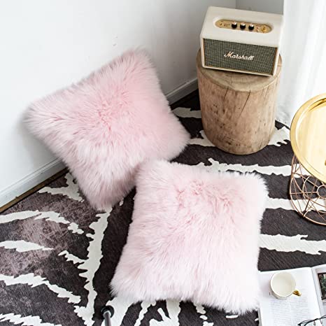 Foindtower Set of 2 Mongolian Faux Fur Square Decorative Throw Pillow Covers Cushion Case New Luxury Series Merino Style for Livingroom Couch Sofa Nursery Bed Home Decor 18x18 Inch (45x45cm) Pink