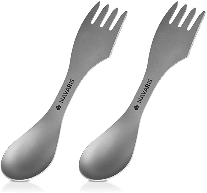 Navaris Titanium Spork Camping Utensils (Set of 2) - 3-in-1 Fork, Spoon, Knife Cutlery Combo - Metal Silverware for Backpacking, Hiking, Outdoors