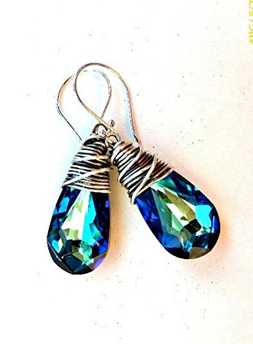 Bermuda blue Swarovski® Crystal Pendants with silver wire wrapping and sterling silver ear wires. Handmade jewelry, jewellery. Boho, bohemian, Victorian,bling. Fashion, Accessories.
