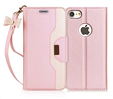 iPhone 7 Case, iPhone 7 Cover, FYY [RFID Blocking wallet] [Makeup Mirror] Premium PU Leather Apple iPhone 7 Wallet Case with Cosmetic Mirror and Bow-knot Strap Rose Gold