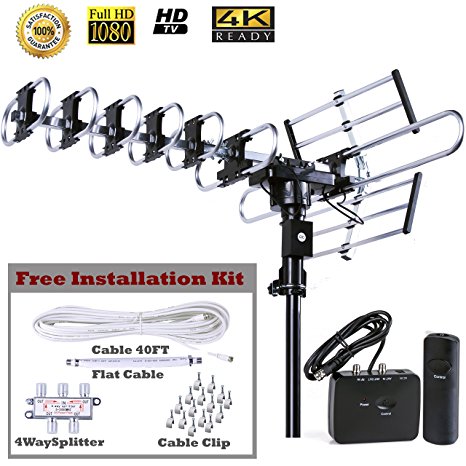 Five Star Outdoor 4K HDTV Antenna 200 Miles Long Range with Motorized 360 Degree Rotation, UHF/VHF/FM Radio with Infrared Remote Control Advanced Design plus Installation Kit