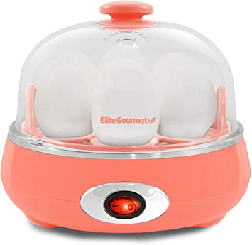 Elite Gourmet EGC007C# Rapid Egg Cooker, 7 Easy-To-Peel, Hard, Medium, Soft Boiled Eggs, Poacher, Omelet Maker, Auto Shut-Off, Alarm, 16-Recipe Booklet, BPA-Free, Coral