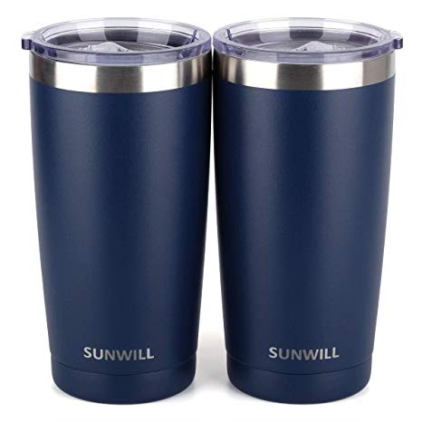 SUNWILL 20oz Tumbler with Lid (Powder Coated Navy Blue 2 pack), Stainless Steel Vacuum Insulated Double Wall Travel Tumbler, Durable Insulated Coffee Mug, Thermal Cup with Splash Proof Sliding Lid