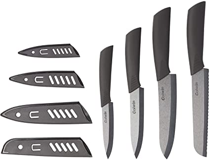 Kitchen Cutlery Ceramic Knife Set with Sheaths Super Sharp and Rust Proof and Stain Resistant (6" Bread Knife, 6" Chef Knife, 5" Utility Knife, 4" Fruit Knife), Black