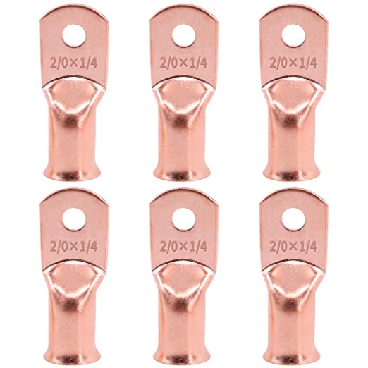 Glarks 6Pcs 2/0x1/4'' Copper Wire Lugs UL Listed Battery Cable Closed Ends Bare Copper Eyelets Tubular Ring Terminal Connectors