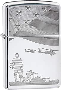 Zippo Lighter: Soldiers and American Flag, Engraved - High Polish Chrome 80790