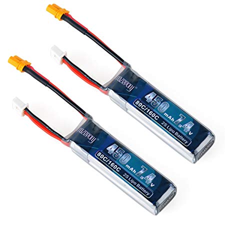 2pcs 450mAh 2S 7.4V LiPo Battery Pack 80C XT30 Connector for Micro FPV Racing Drone Quadcopter