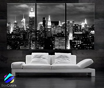 Large 30"x 60" 3 Panels 30"x20" Ea Art Canvas Print Beautiful New York City Skyline Black & White Wall Home (Included Framed 1.5" Depth)