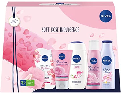 NIVEA Soft Rose Indulgence Gift pack, Full-Size Rosey Gift Set, Rose Themed Skincare Gifts for Her, Pampering Gifts for Women with a Floral Twist