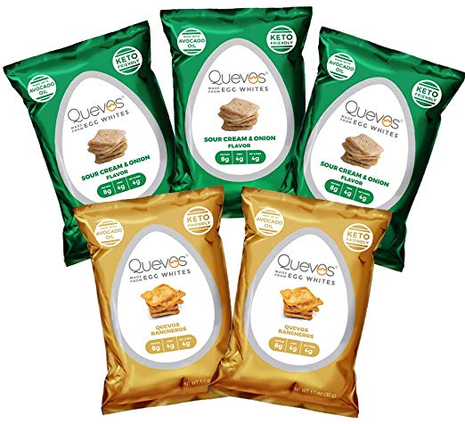 Variety Five Pack of Quevos Keto Flavors - Low Carb Egg White Chips - High Protein, Ketogenic, High Fiber, Crunchy Snack - Gluten Free Grain Free, Perfect for Any Diet (1.1 oz Each - 5 Bags)
