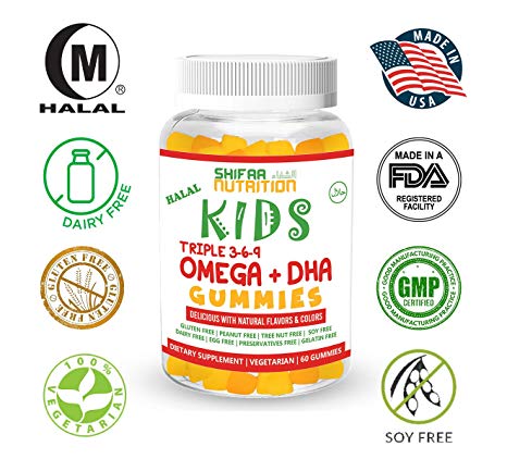 SHIFAA NUTRITION Halal, Vegan & Vegetarian Gummy Omega 3-6-9   DHA for KIDS | Supports Brain, Body and Immune Functions | Non-GMO & Free of Preservatives, Gluten, Nuts, Dairy & Soy - 60 Gummies