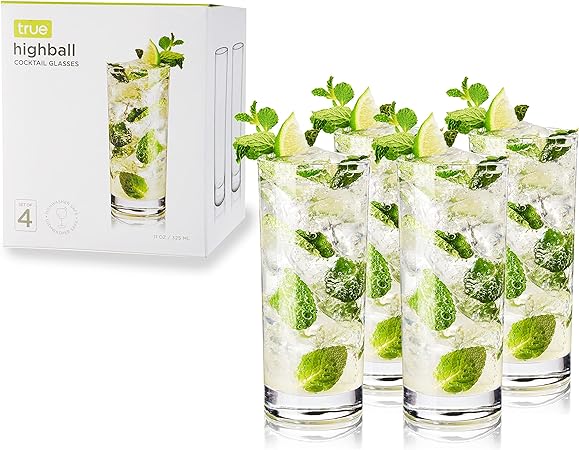 True Highball Cocktail Large Drinking Glasses With Heavy Base, Tall Glass Tumbler, Water Glasses, Glasses for Kitchen, Drink cup Set Of 4, 11 Ounces