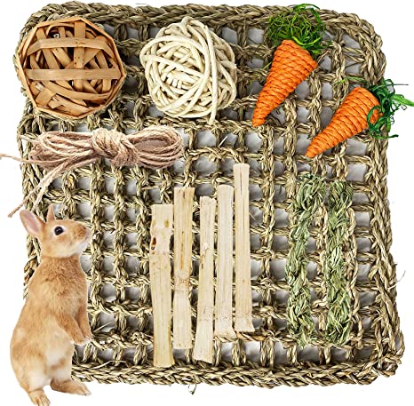 kathson Rabbit Activity Zone Seagrass Protector Mat Bunny Chew Toy for Teeth Grinding Small Animal Activity Play Ball Carrot Sweet Bamboo Toys for Chinchilla Guinea Pigs Gerbils Other Rodent Pets