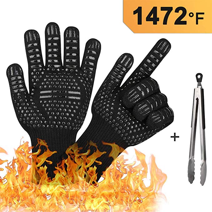 BBQ Grill Gloves, 1472°F Extreme Heat Resistant Oven Gloves and Kitchen Tong (3-Piece Sets), Oven Mitts for Cooking Baking Grilling & Smoker, Non-Slip Textured Grip Pot Holders